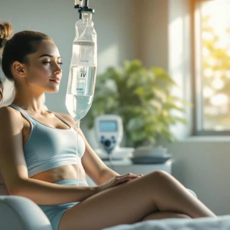 A woman in sportswear sits in a medical chair receiving IV therapy, enjoying sunlight through a window and nearby medical equipment. The scene highlights Ozone Therapy benefits for sports recovery and overall wellbeing.