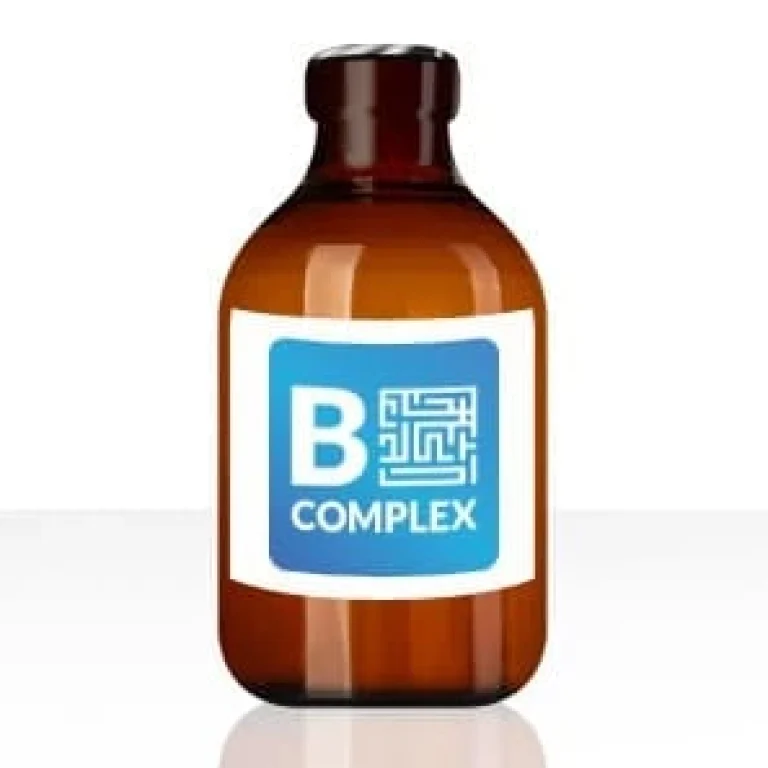 Brown glass bottle with a blue and white label that reads B Complex, featuring a stylised maze graphic next to the letter B—perfect for those seeking the benefits of a Vitamin B injection or Vitamin B Complex support.