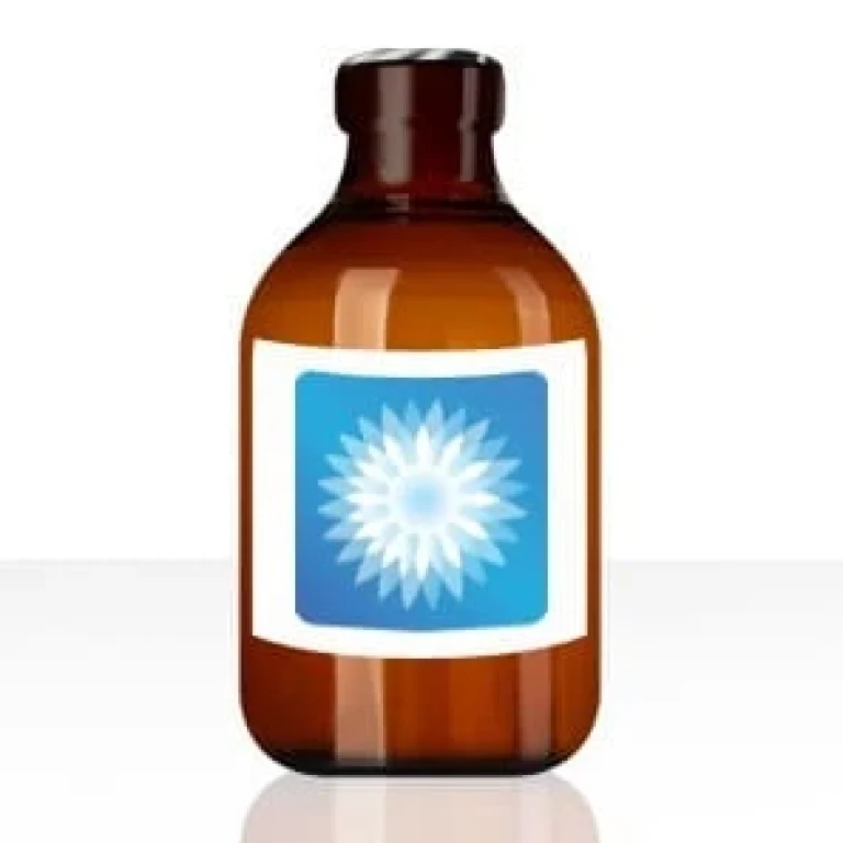 Brown glass bottle with a white and blue label featuring a radial geometric design, placed against a white background—ideal for packaging Vitamin D shots or vitamin D injection solutions.