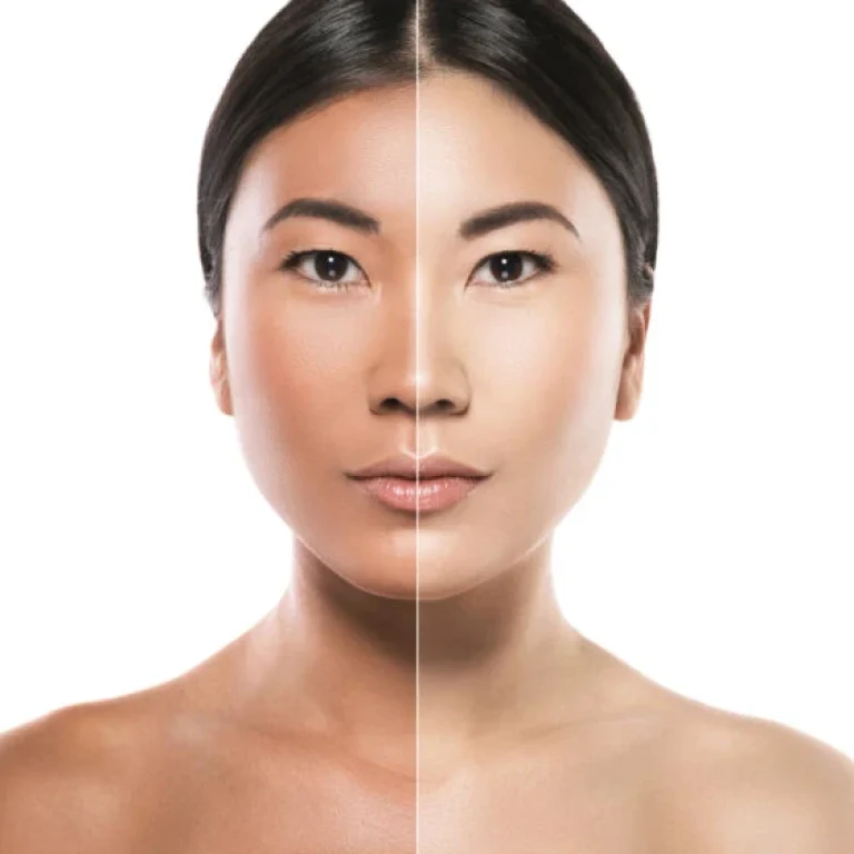 A woman's face is shown divided down the centre, with each side displaying different make-up or skin tone effects, highlighting the potential benefits of glutathione, against a white background.