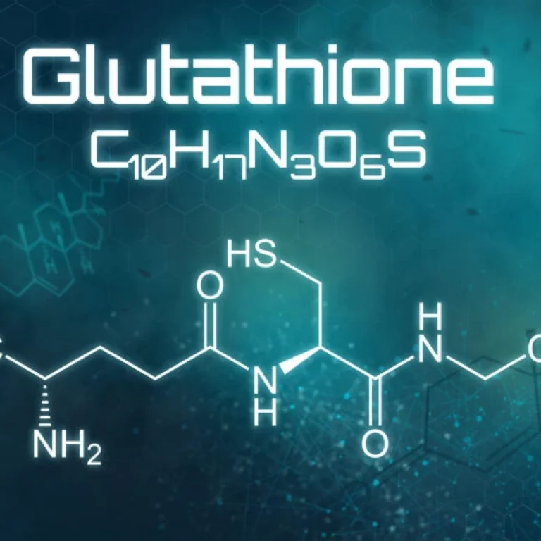 Diagram displaying the chemical structure and formula (C10H17N3O6S) of reduced glutathione on a blue background.
